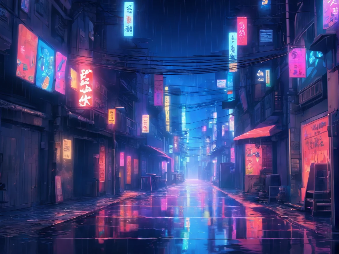 calle estrecha, street alley, ciudad, noche, lluvia, cyberpunk, A high resolution, ultrasharp, 8k, obra maestra