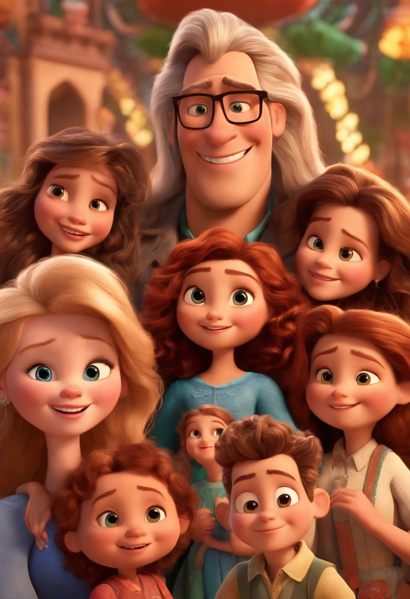 a Disney Pixar movie poster showing a white-skinned family. The father is the tallest, Tem barba curta, moreno e musculoso, cabelos curtos. The mother has brown eyes and hair, big and fit The girl is 4 years old and has blond hair, roupa rosa e rabos de cavalo e o cabelo cacheado. The background is an amusement park. 3D-rendering