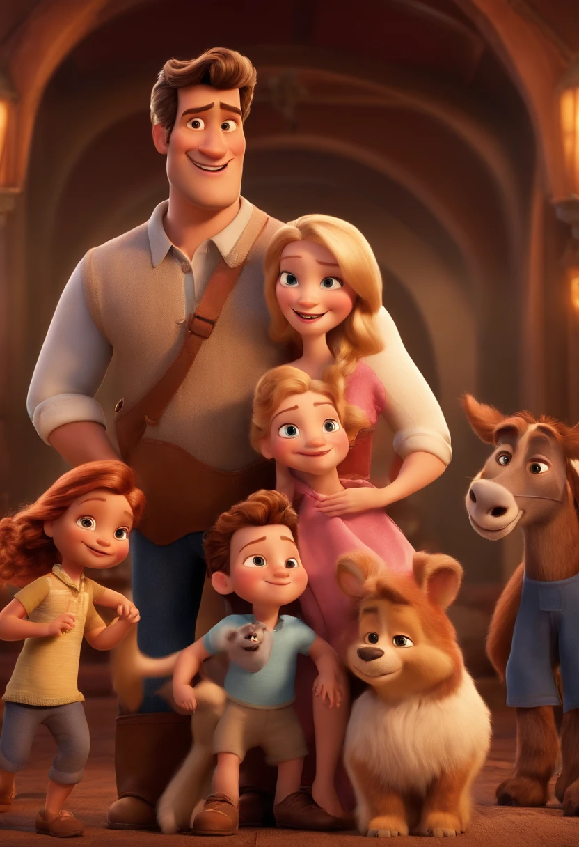 a Disney Pixar movie poster showing a white-skinned family. The father is the tallest, Tem barba curta, moreno e musculoso, cabelos curtos. The mother has brown eyes and hair, big and fit The girl is 4 years old and has blond hair, roupa rosa e rabos de cavalo e o cabelo cacheado. The background is an amusement park. 3D-rendering
