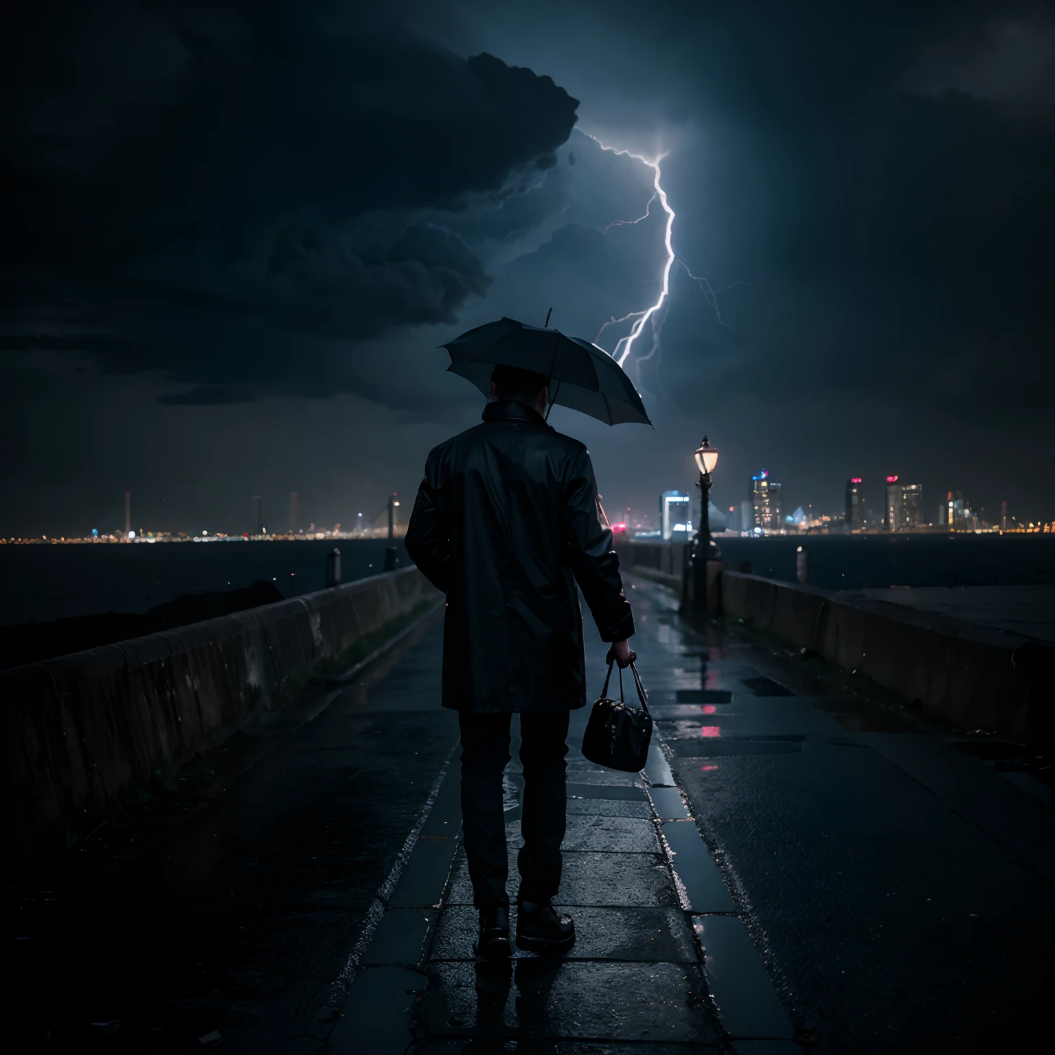 a men, umberella, sadnes, gone, bad, broken heart, midnight, ultra best quality, thunder, deep feel, sad vibe, dark vibe, city