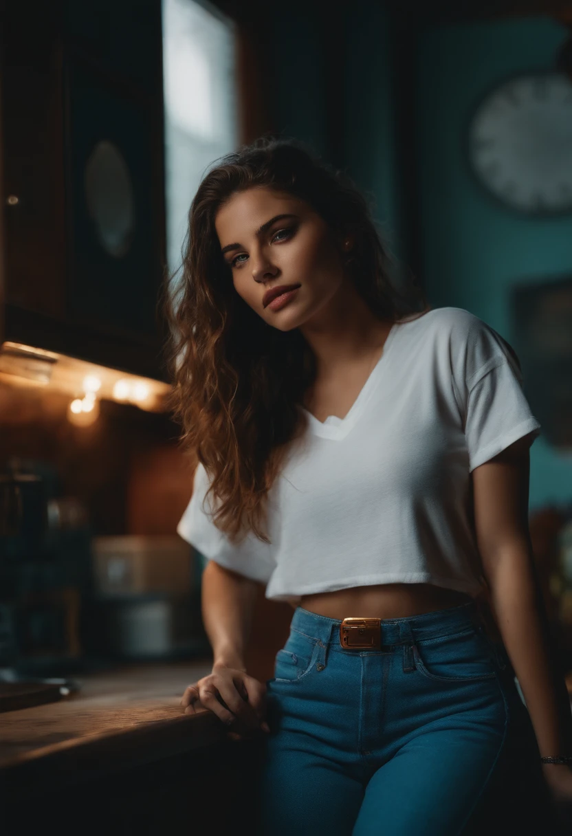 (Foto RAW, 4k, master part, high resolution, extremamente complexo) (Realistic: 1.4), Cinematic lighting, 1 girl, foco solo, Summer noon, hot, 1990's (Estilo), lente jeans, Interior, camiseta de manga curta