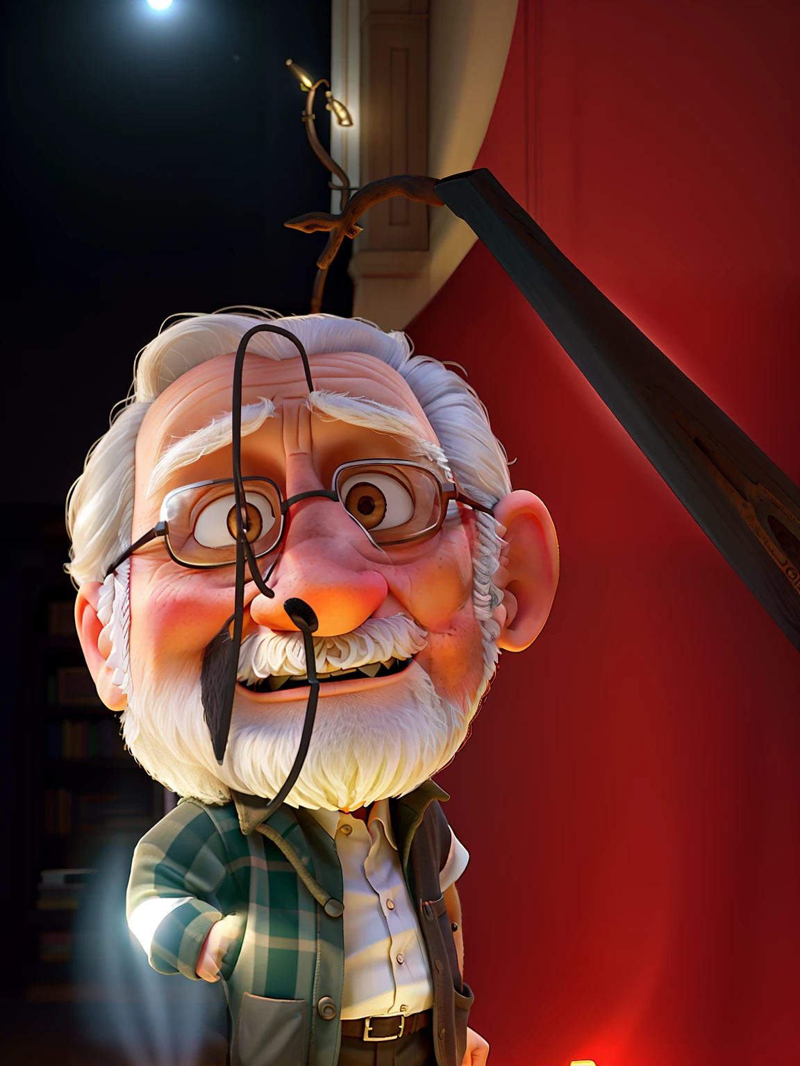 A wise old man standing in front, illuminated by the light of a lamp, against the backdrop of a library