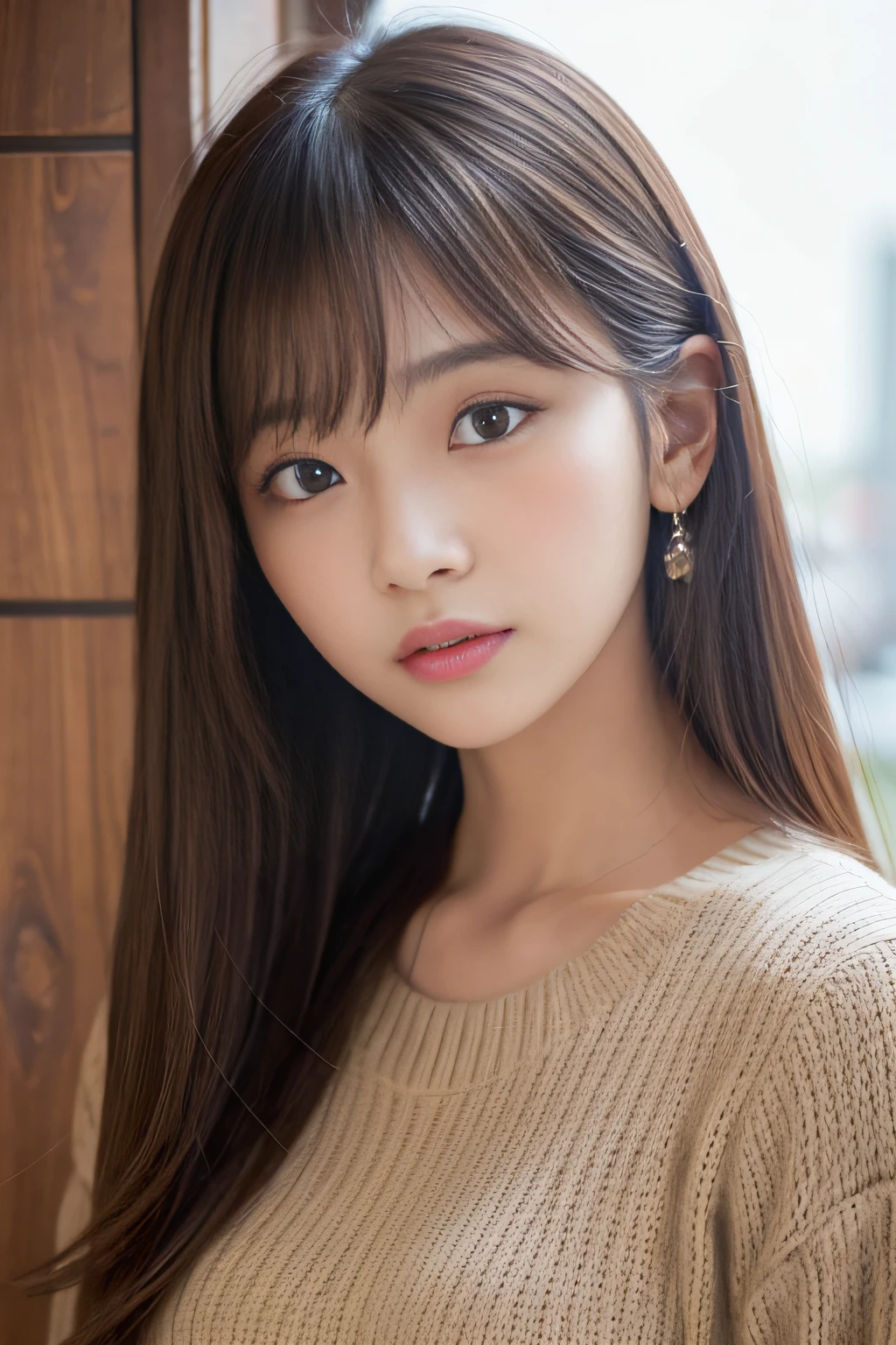 ​masterpiece、1 beautiful girl、A detailed eye、Puffy eyes、top-quality, 超A high resolution, (Realisticity: 1.4), cinematlic lighting、japanes、Asian Beauty、Super beauty、Beautiful skin、A slender、The body is facing forward、(A hyper-realistic)、(hight resolution)、(8K)、(ighly detailed)、(beautifully detailed eyes)、(ultra-detailliert)、 (wall-paper)、A detailed face、Bright lighting、profetional lighting、looking at viewert、Facing straight ahead、(The costume is a knitted dress)、Long hair, hair messy, asymmetrical bangs, 、nighttime scene、Brown hair、Japan idle、韓国アイドル、hposing Gravure Idol、女優、age19、tall,