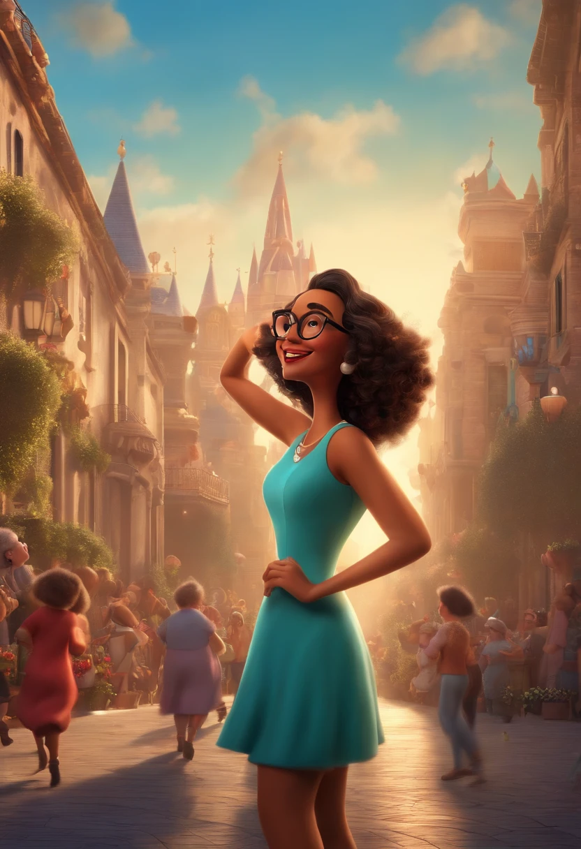 "(best quality,ultra-detalhado,Realistic:1.37),3D rendering,illustration,design de personagens,cabelos curtos e cacheados escuros,belos olhos detalhados,wearing white glasses,Estilo Pixar,morena mulher,Dancing on the Disney stage,atmosfera animada,vivid colors,luzes de palco,expression joyful"