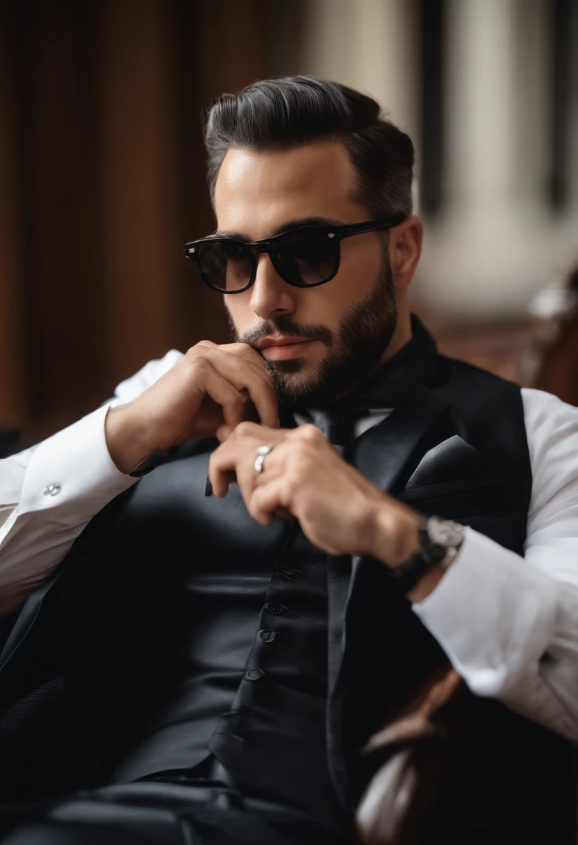 Decim (Desfile da Morte), 1 Homem, 35 anos,(cerdas pretas), Man wearing glasses, rosto de close-up, foto do perfil,vestidos em um estilo formal e contido, uma jaqueta preta,camisa branca, um olhar profissional,cabelos branco-cinzas, cor prata, olhar cansado,