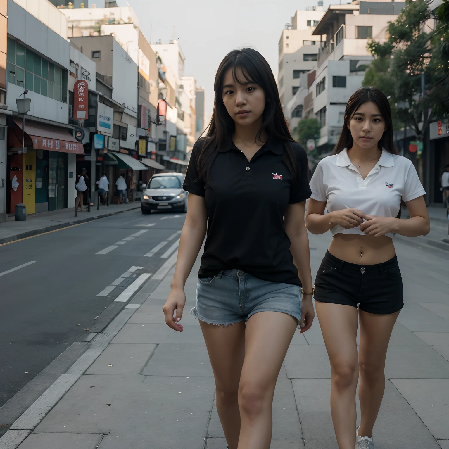 Full body. Beautiful 25 year old South Korean girl, cabello negro, Dressed in polo shirt and shorts running down the sidewalk of Seoul, textura de piel gran angular, ultra detallado, Detalles intricados, octanaje renderizado, iluminacion volumetrica, golden ratio, imagen en 3D, resolucion 64K. photographic style: Lente de 50 mm, apertura F.2.5. Sugerencias: No debe salir: Bortoso, feo, ruido, grano, mala anatomia, malas proporciones, mal arte, mal dibujado, cara mala dibujada, mutado, mutilate, morbid, miembros perdidos, miembros extras, miembros flotantes, miembros fusionados, fuera de foco, fuera de cuadro, low res, carton, plastico