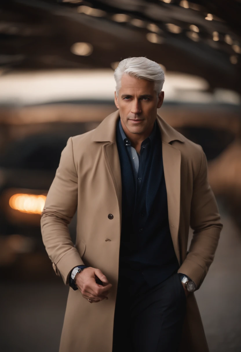a man, appearing to be in his thirties, with white hair mixed with brown, brown eyes, in athletic shape, well dressed, with a dark gray coat, light beige pants, a dark blue shirt, brown shoes matching the belt pants, no hat on his head and with a beautiful silver Rolex on his left arm, looking at the watch on his arm.