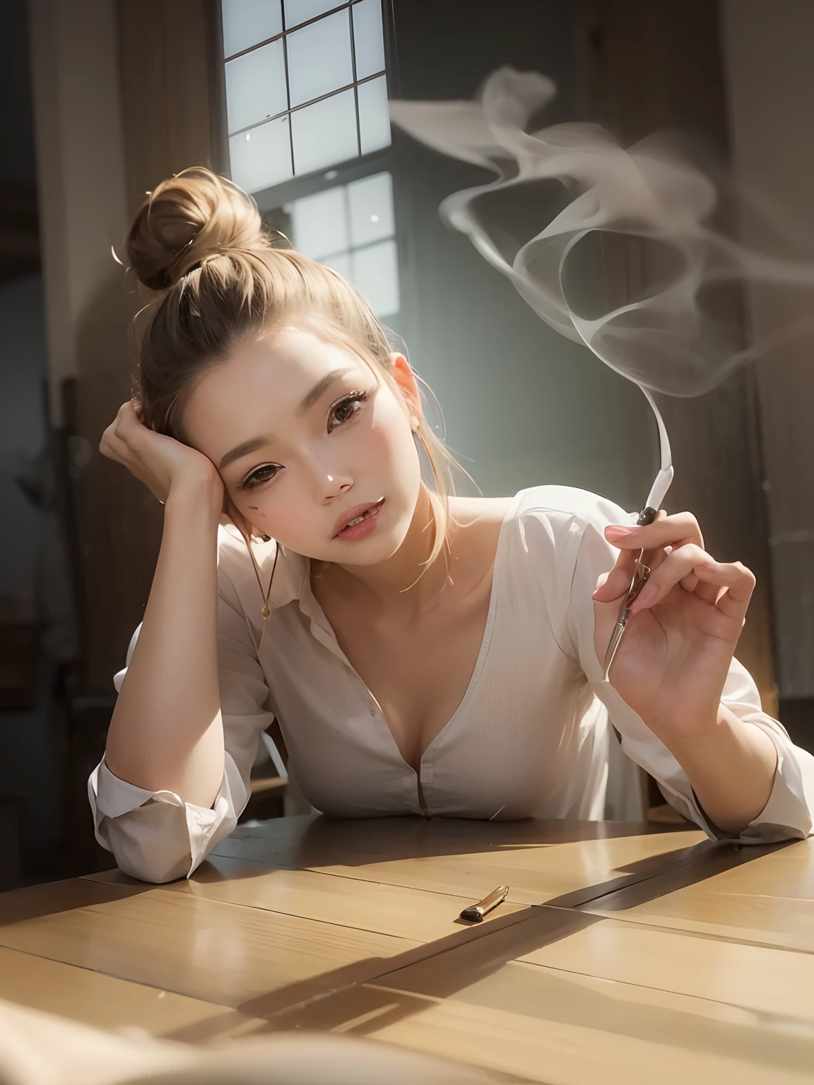 (Best quality, 8k, 32k, Masterpiece, UHD:1.2), Photo of Pretty Japanese woman, large breasts, very short bob hair, Black Hair, portrait, lingerie, smoking