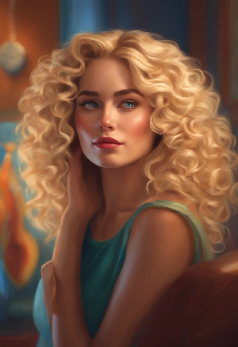 A blonde woman with curly hair inspired by Pixar animation, de perto. She's in a bright room holding a cell phone