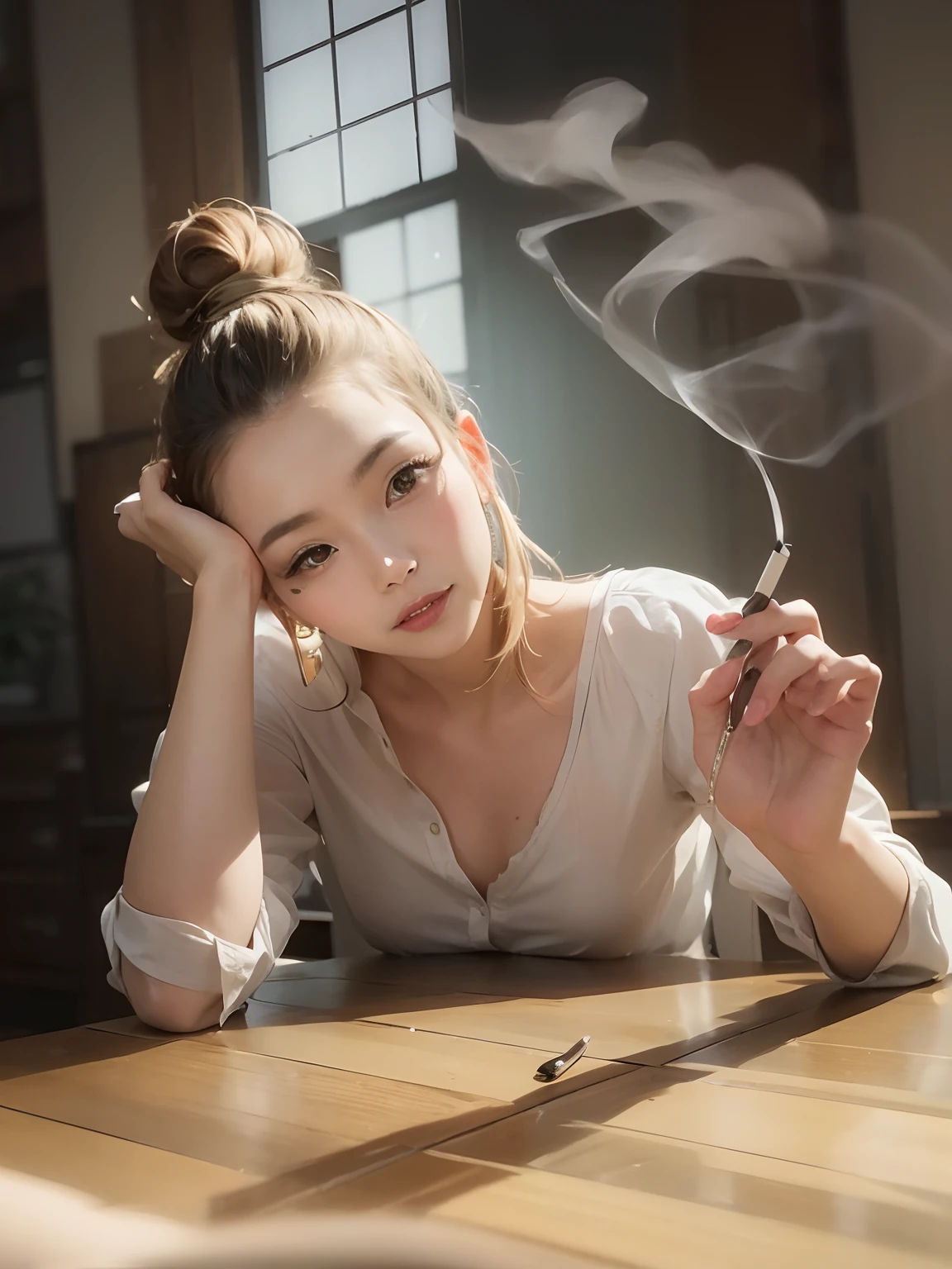 (Best quality, 8k, 32k, Masterpiece, UHD:1.2),  Photo of Pretty Japanese woman, large breasts, very short bob hair, Black Hair, portrait, lingerie, smoking