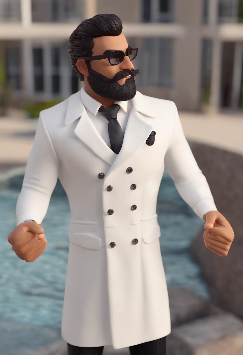 personagem masculino, branco, barba baixa, cabelo preto curto enrolado, olhos escuros, boca carnuda, feliz, victory pose, Realtor, estilo Pixar 3d
