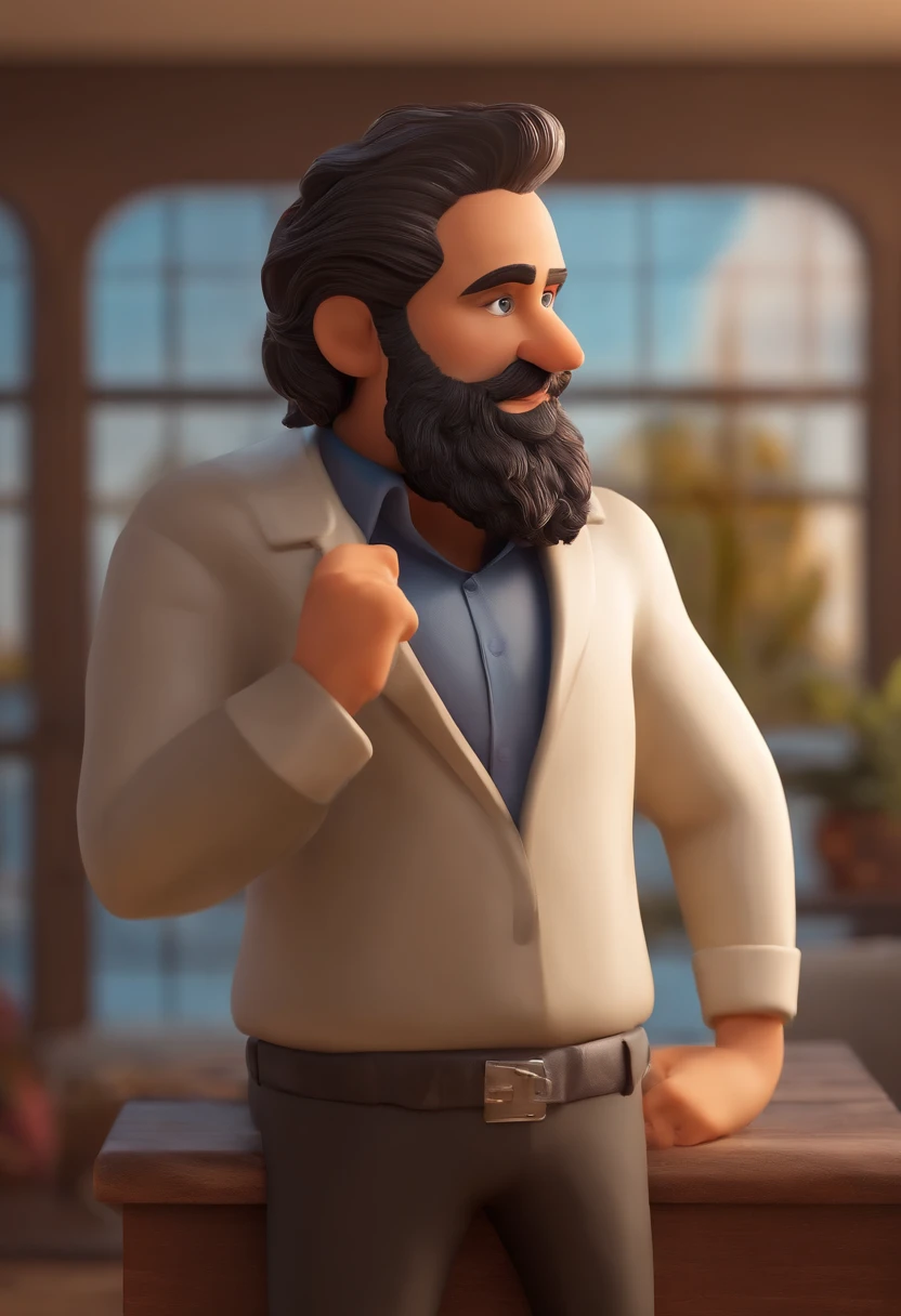 personagem masculino, branco, barba baixa, cabelo preto curto enrolado, olhos escuros, boca carnuda, feliz, victory pose, Realtor, estilo Pixar 3d