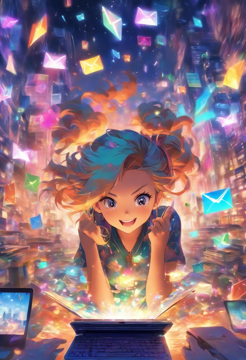 Very colorful and cheerful image of young girl reading emails and messages from her laptop