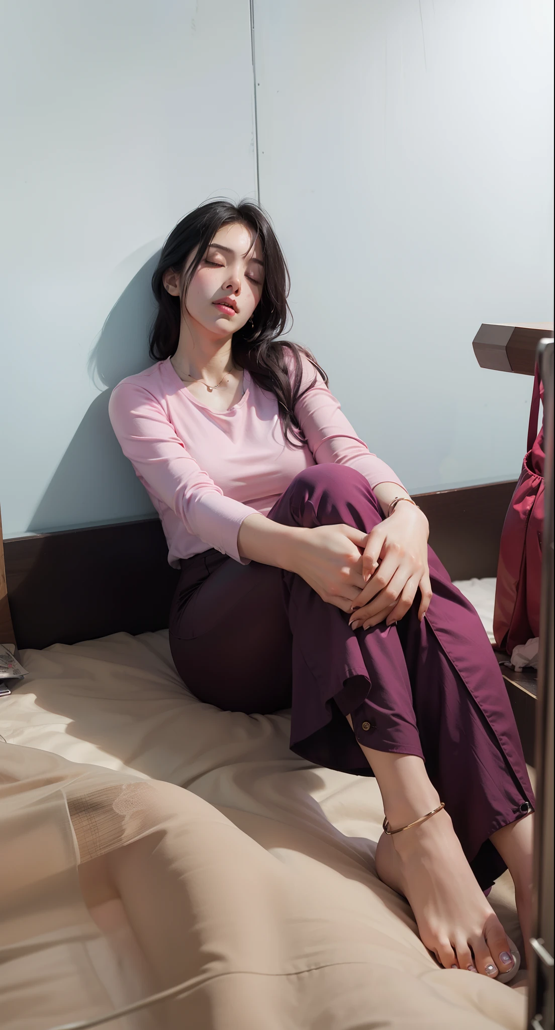 Cyberpunk、Woman made of clear glass、big boobs、skin tight、Soft big、Crotch wide open、Sleeping in bed、