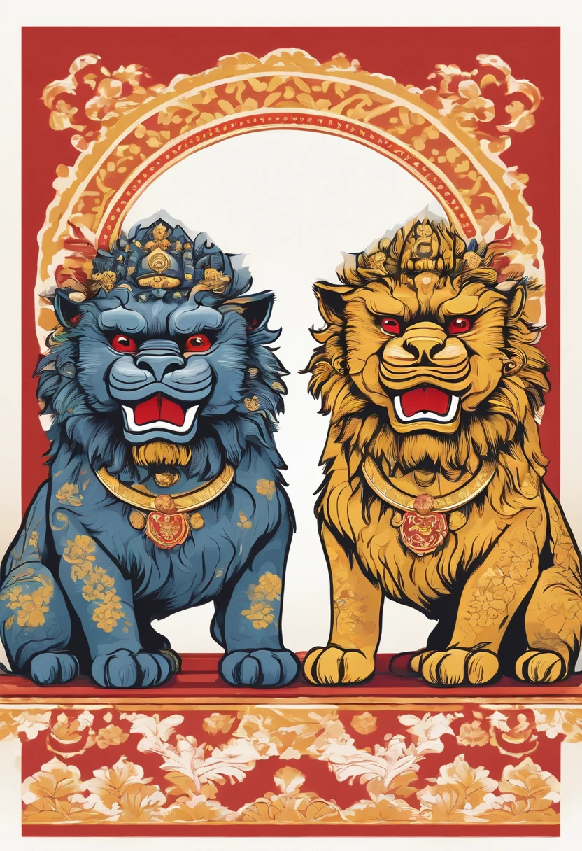Two Japan Okinawan Shisa with red and yellow standing hair are sitting facing each other with smiles on their faces,Lionhead,kawaii illustration,The background is plain white,made in adobe illustrator