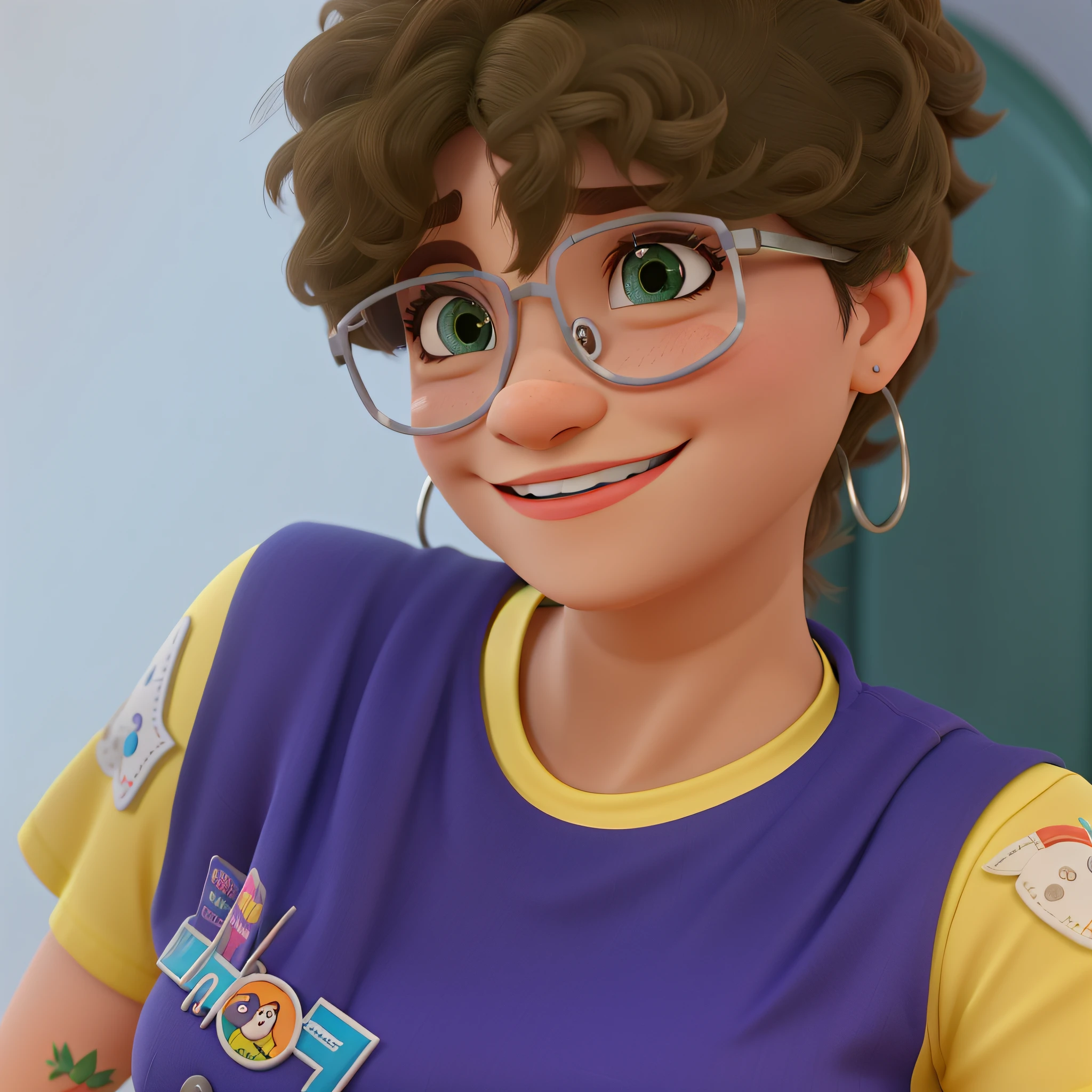 Uma mulher dando um leve sorriso, tirando uma self com a farda do pet shop onde ela trabalha