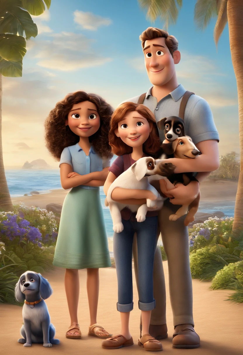 a poster from the Disney Pixar movie showing a family of 4 white-skinned people and 2 dogs. The father is the tallest, cabelos pretos, cabelos curtos e espinhosos. Mom has brown eyes and hair with blonde highlights, shoulder-length and is slightly overweight. O menino tem 9 anos e cabelos castanhos, roupa azul. A menina tem 15 anos, cabelos loiros, olhos pequenos. um cachorro maior com pelos brancos. Um cachorro menor com pelos pretos. The background is a beach garden. 3D-rendering