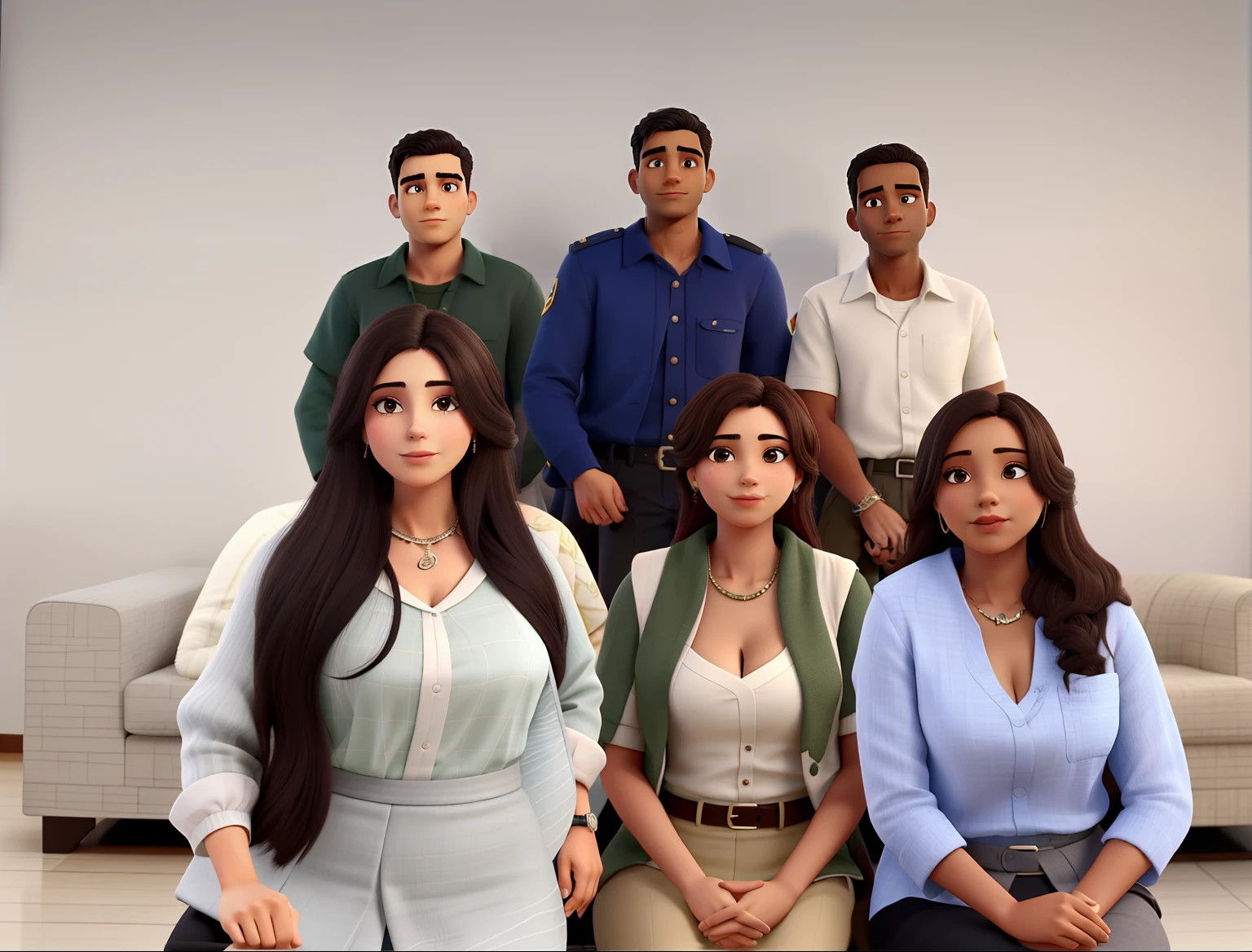 6 pessoas 3 homens sentados acima 3 mulheres abaixo