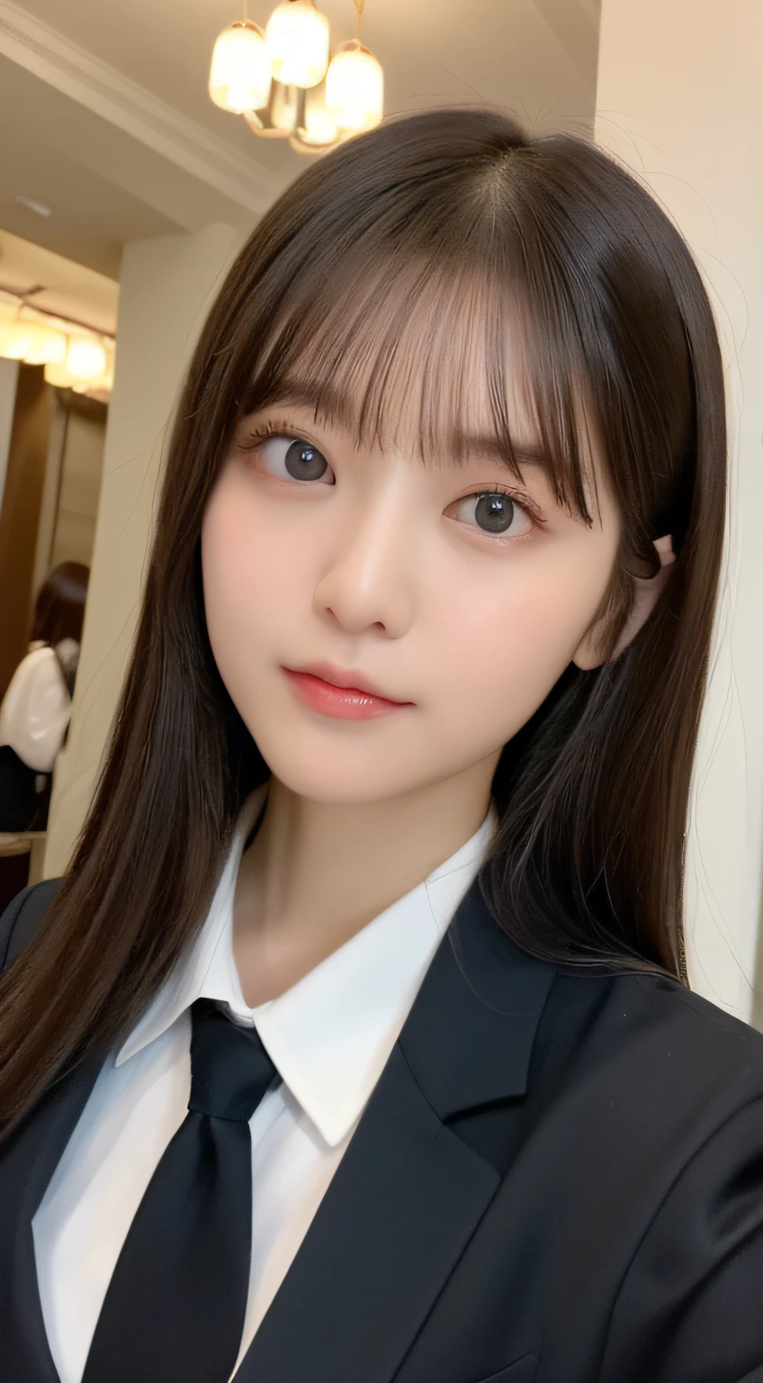 ((top-quality、8K、​masterpiece:1.5))、One girl、(Unhealthy face)、(Letter to)、Blunt bangs、(Lots of bangs:1.4)、(full body Esbian:1.4)、(Symmetrical face)、hyperdetailed face、Ultra detailed mouth、A detailed eye、Detailed ears、Slim Faces、(selfee:1.4)、(off shoulders)、(Armpit)、(Looking Up)、(From  above)、(Straight long hair、Ahoge:1.3)、(Upper Eyes)、the background is blurred、(formal suit:1.3)、lipgloss、(hotel)、(natural soft light:1.3)、