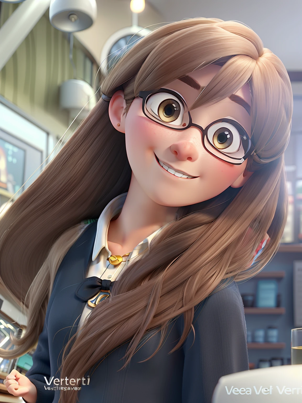 White woman with long brown hair in pixar style next to a glassware shop named vetrocit