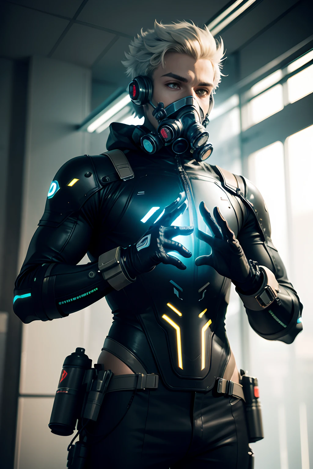 (futuristic, sci fi)Male in biochemical body suit, hands visible, gas mask, masterpiece, hands laced