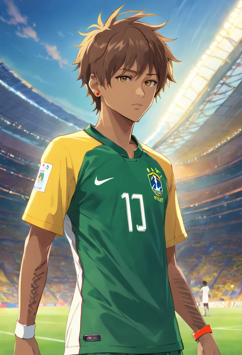 Neymar Jr with the shirt of the Brazilian national team , Standard scenario , melhor qualidade, best resolution , Estilo anime , obra prima , olhar fixo