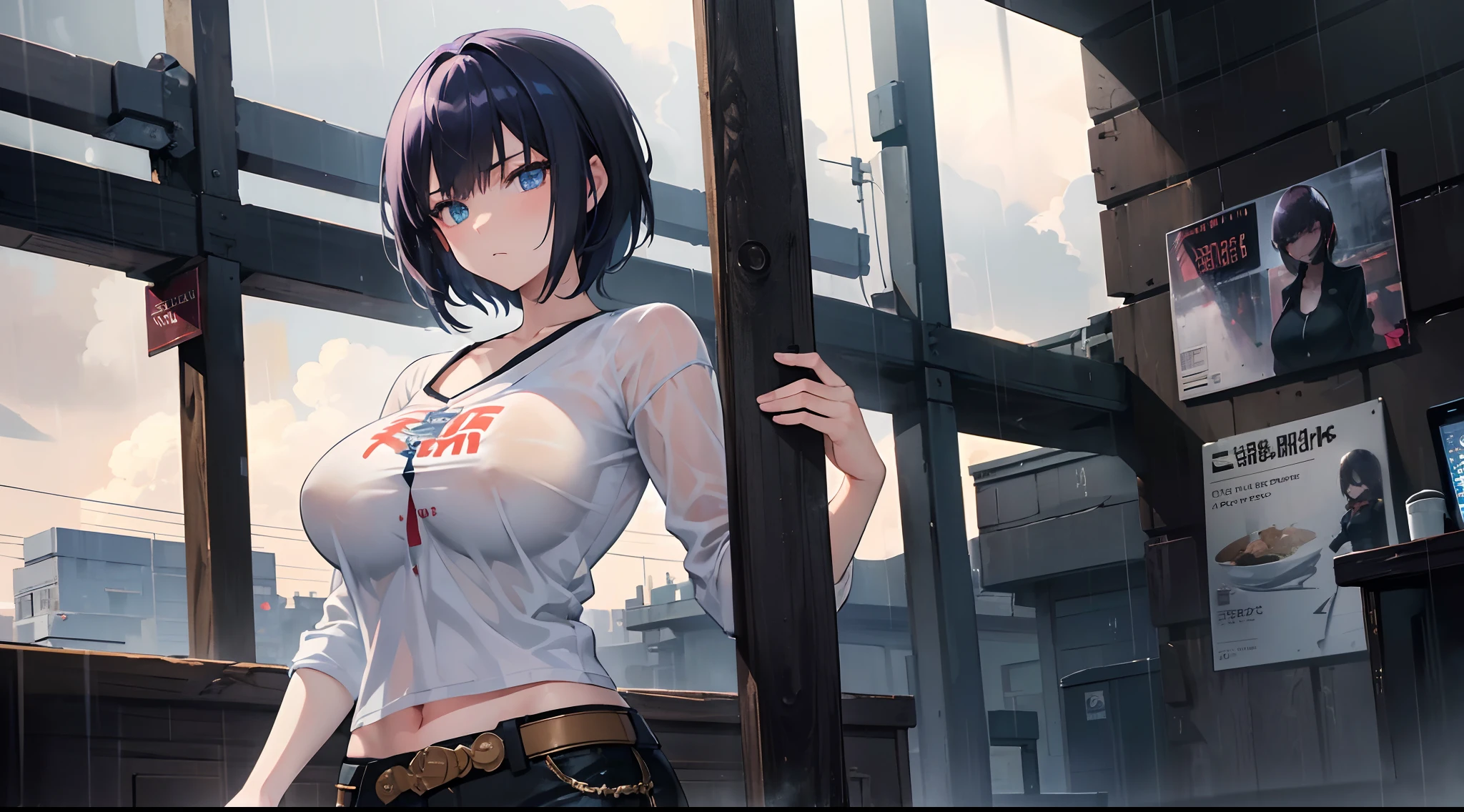 (masterpiece:1.2) (best quality) (detailed) (intricate) (8k) (HDR) (cinematic lighting) (sharp focus), (perfect face), ((( 1 girl ))), cool looking woman, short hair, tomboy, mature, expressive eyes, heterochromaia eyes , (perfect female proportions), (very large breasts), women loose shirt, with casual shorts, long legs, skinny legs, slim hips, tomboy, milfication, mature female, casual clothes, the loneliest girl, artistic, (golden hour), (rain, sad), luminism, serenity, Anime art, a contrast between the realistic and the absurd, Focused on Woman, chaotic, high creative, dynamic, informative