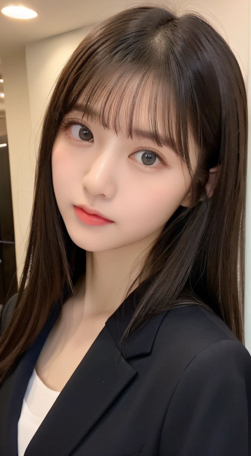 high quality, super quality, (detailed face:1.2) ,beautiful woman , golden eyes, long hair , (business suits :1.4) , sharpe eyebrow , beautiful bangs are covering her eyes , (huge breast:1.4) 