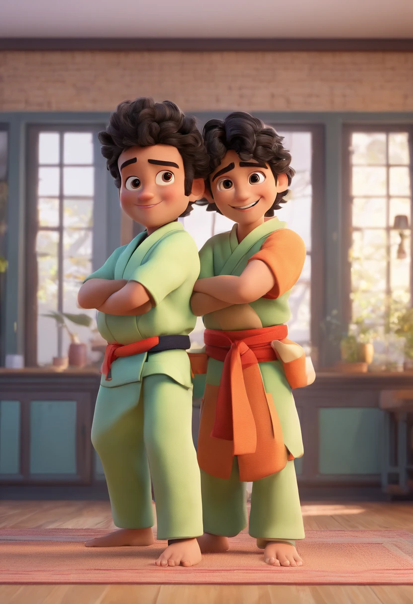 Estilo Pixar: O homem adulto, calvo, de barba, Green-eyed is holding a boy with black eyes and curly black hair wearing a judo kimono, 3D Poster,Disney