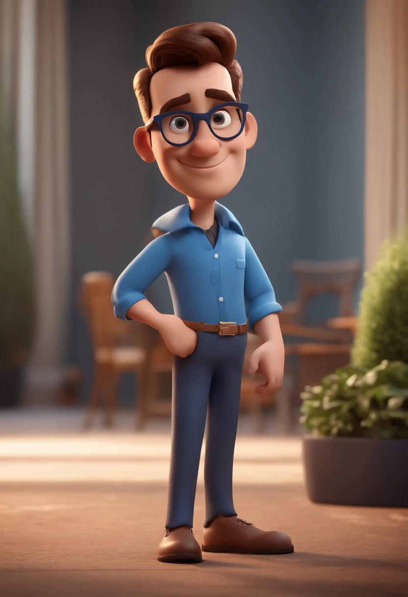Cartoon character of a man with black glasses and a blue shirt, animation character, Caractere estilizado, animation style rendering, 3D estilizado, Arnold Maya render, 3 d render stylized, toon render keyshot, Personagem 3D, Personagem 3D, 3d rendering stylized, 3 d character render, personagem de desenho animado, Personagem de close up, Pose de personagem, (Estilo Pixar) (master part:1.2) (Bokeh) (best quality) (pele detalhada) (textura detalhada) (8k) (argila) (Cinematic lighting) (foco nítido