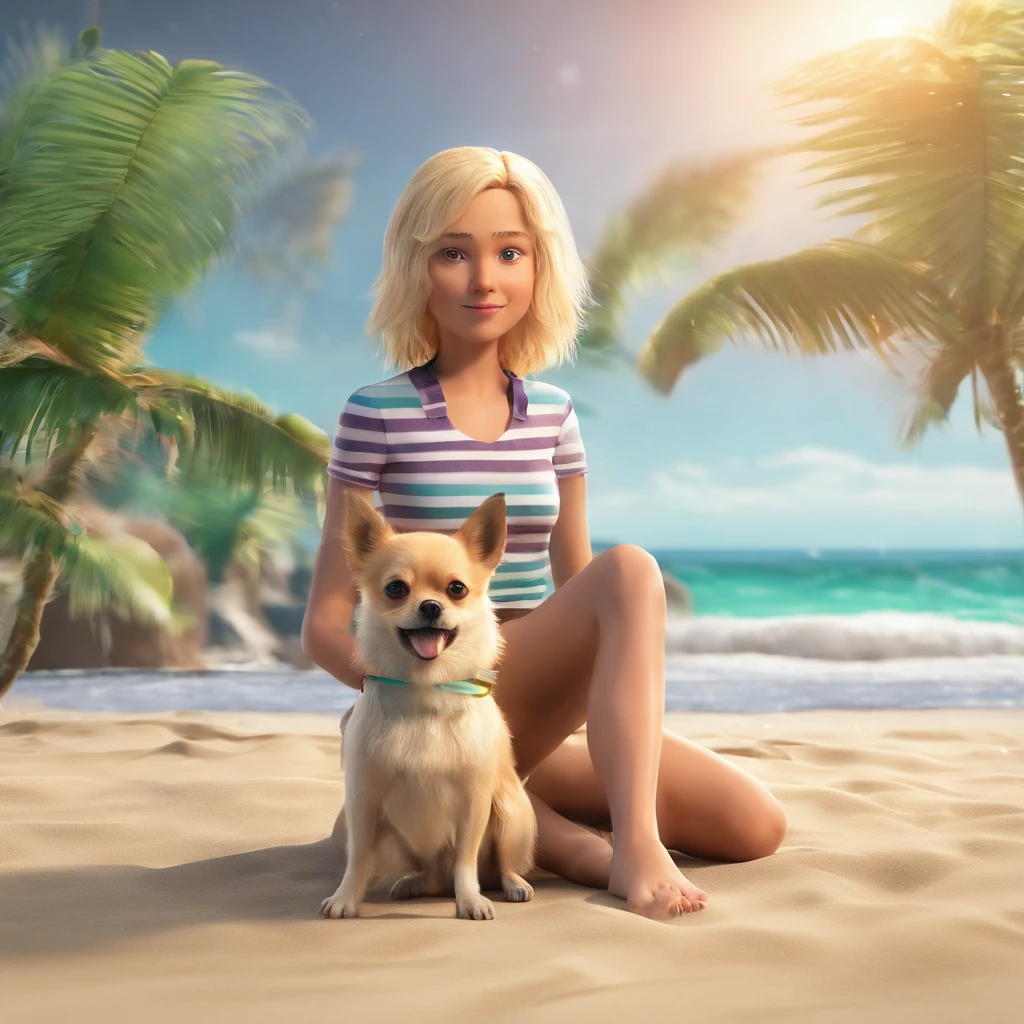 David is a 13-year-old boy with blond hair , Green eyes wearing beachwear next to her small dog Chihuahua, small sized long-haired, black and white striped on the beach with the sea behind them