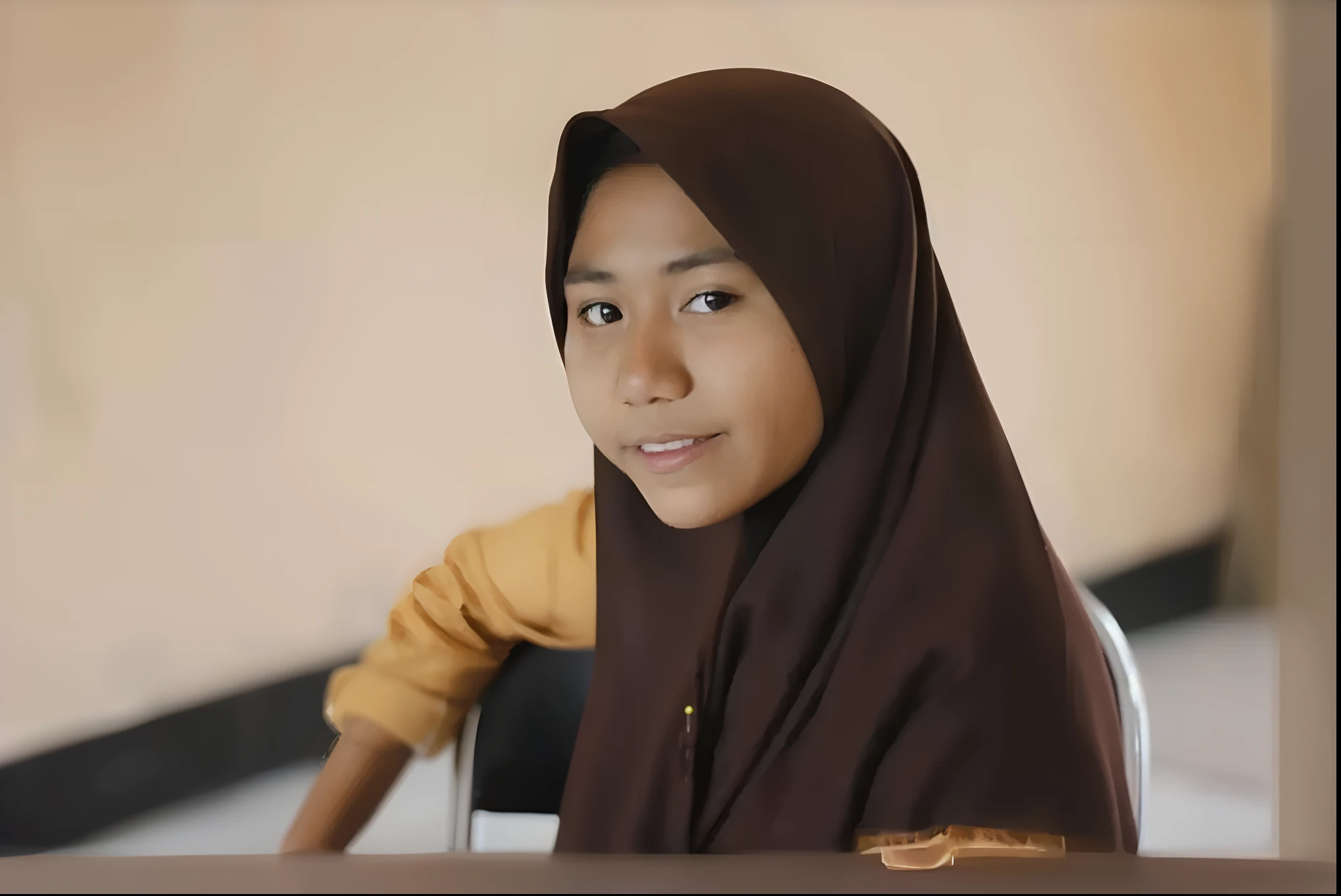 arafed woman sitting in a chair with a laptop computer, student, medium shot portrait, full protrait, protrait, mid shot portrait, handsome girl, potrait, picture, photo of young woman, serena malyon, hannah yata, hijab, wideangle portrait, close up potrait, inspired by Sasha Putrya, attractive girl