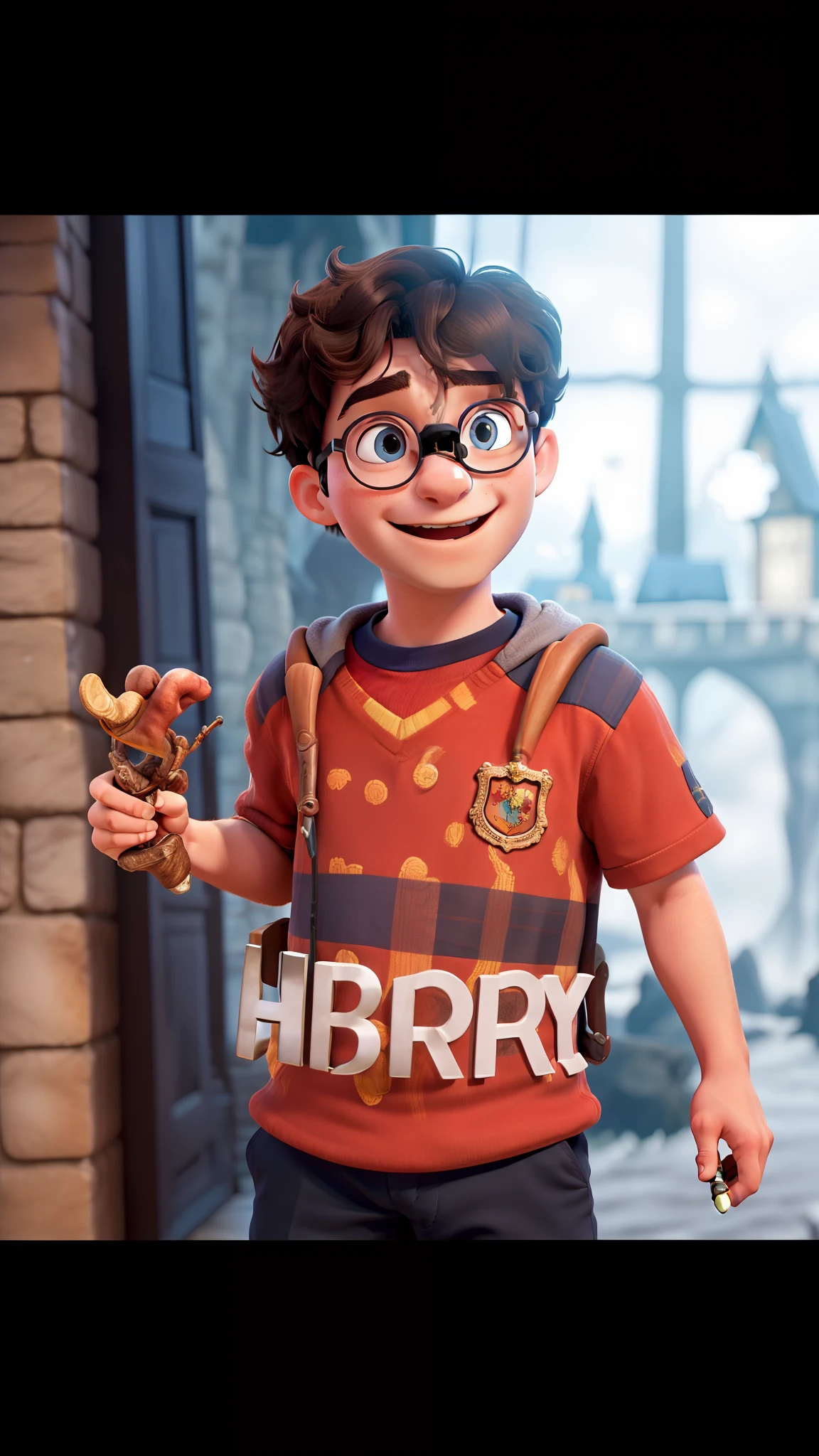 A fantastic landscape of the world of Harry Potter The child boy in glasses with wand in hand.
