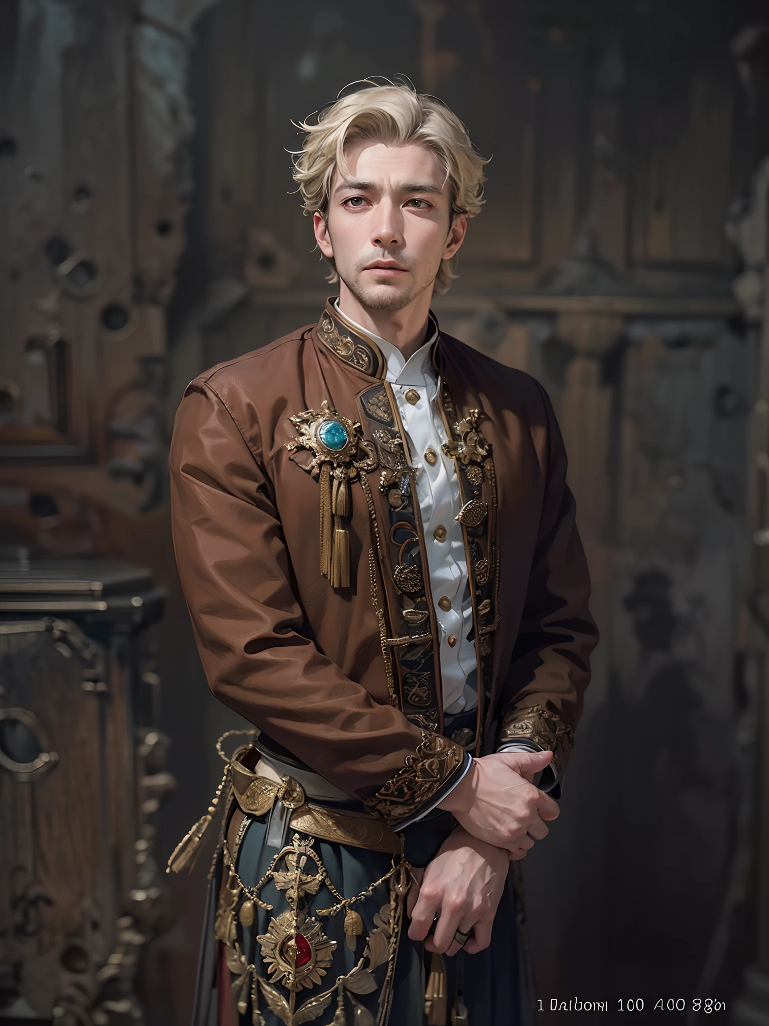(best quality, masterpiece, 8K, photorealistic, cinematic lighting, hdr image, ultra detailed, beautiful image), 1 man, 40 years old, mature man, very handsome, wearing traditional Indonesian clothing, (without expression, serious), short blonde hair, black eyes ( penetrating gaze), imposing posture,