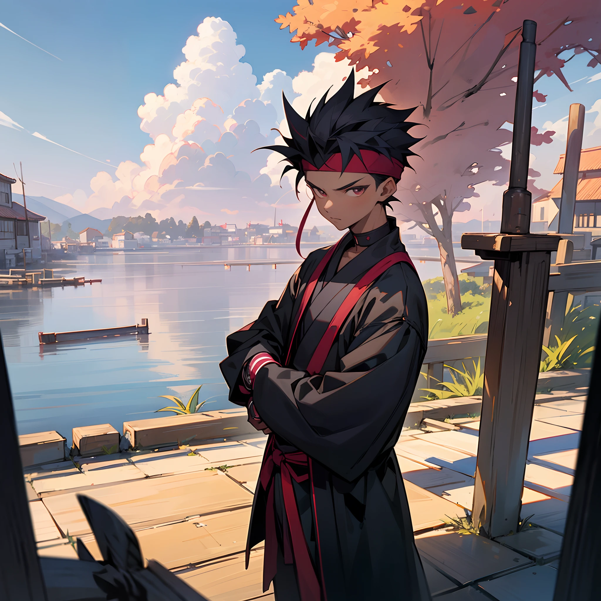 1male, teen, dark skin, short pale grey spiked hair, finely detailed hazel eyes, loose casual ninja clothing, black jacket with a burgundy collar, burgundy headband, detailed background, sunny cloudy sky background, posing with hands at side, standing on path, fishing village