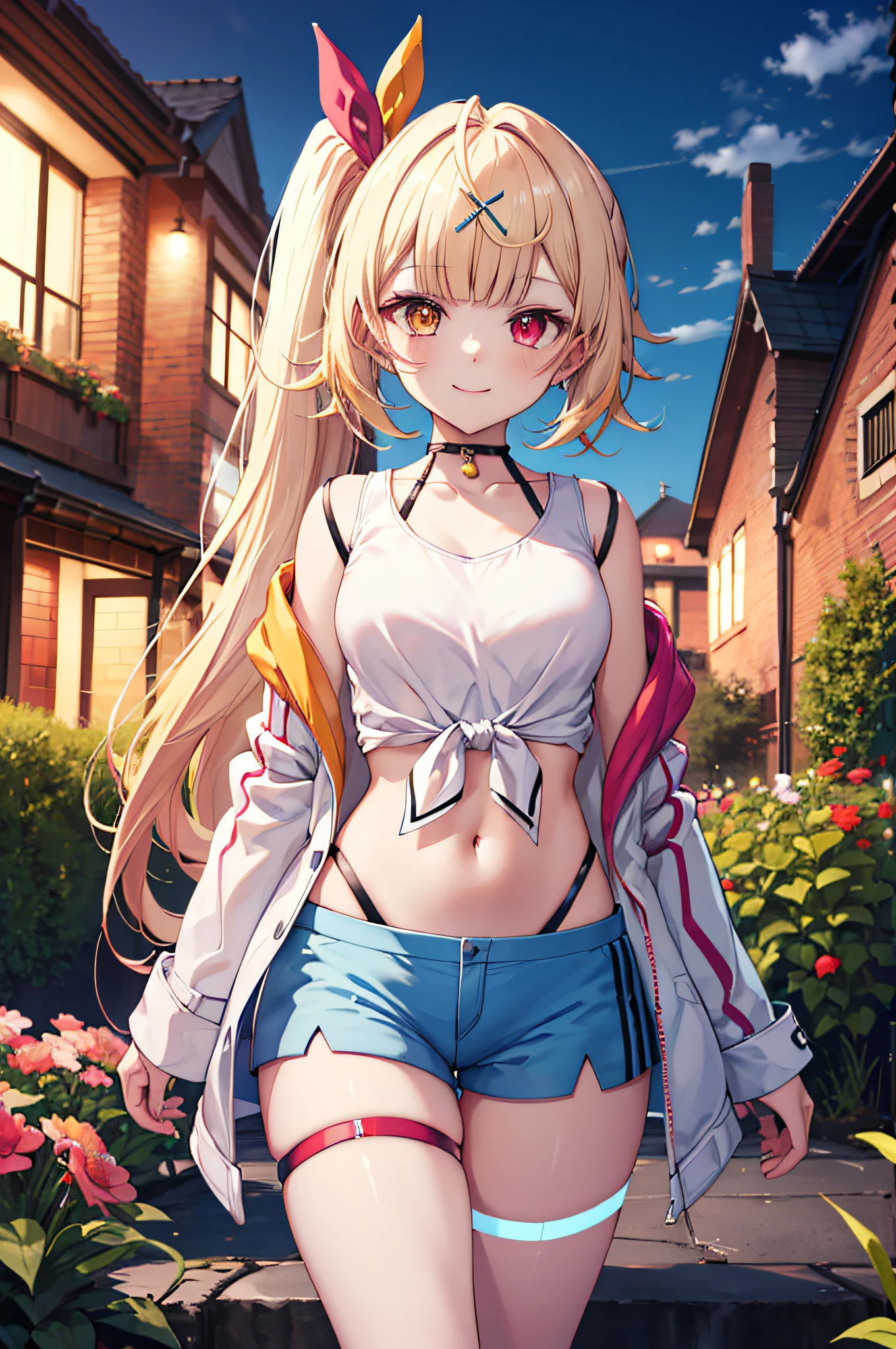 masterpiece, best quality, highres, hs1, red eyes, yellow eyes, side ponytail, x hair ornament, thigh strap, blue shorts, front-tie top, hair ribbon, midriff, short shorts, panty straps, white shirt, black choker, open jacket, cowboy shot, standing, smile, outdoors, garden