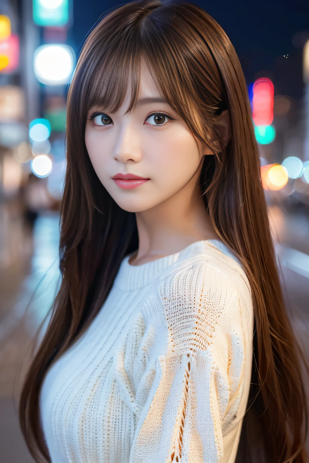 masterpiece、1 beautiful girl、A detailed eye、Puffy eyes、top-quality, 超A high resolution, (Realisticity: 1.4), cinematlic lighting、japanes、Asian Beauty、Super beauty、Beautiful skin、A slender、The body is facing forward、(A hyper-realistic)、(hight resolution)、(8K)、(ighly detailed)、(beautifully detailed eyes)、(ultra-detailliert)、 (wall-paper)、A detailed face、Bright lighting、profetional lighting、looking at viewert、Facing straight ahead、(The costume is a knitted dress)、Long hair, hair messy, asymmetrical bangs, 、nighttime scene、Brown hair、Japan idle、韓国アイドル、hposing Gravure Idol、女優、age19、tall,