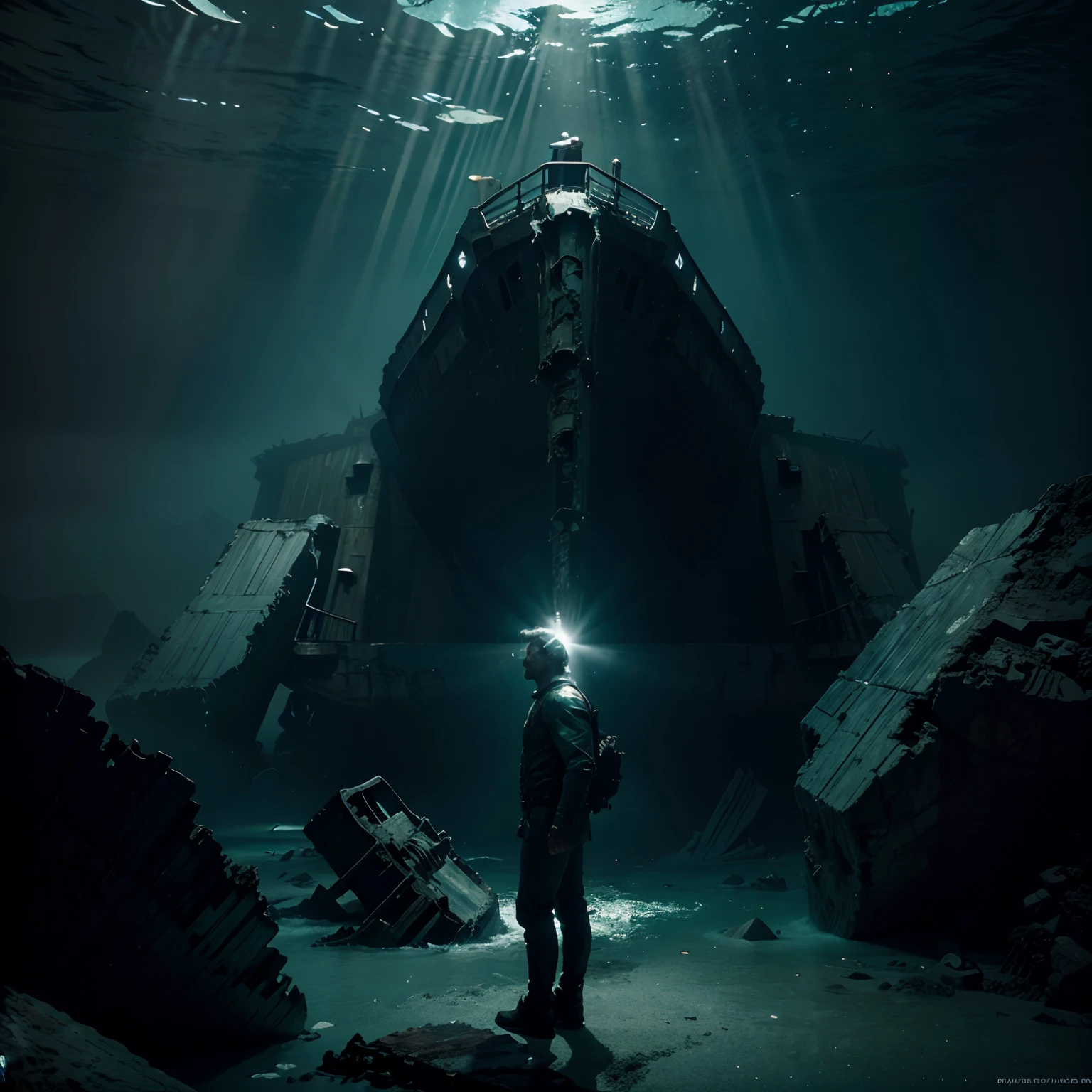 Titanic wreckage at the bottom of the sea, Aquaman, standing in front of the wreckage, full HD image, half light, cinematic, vivid and sharp colors, with blue, light green and gray color palette.