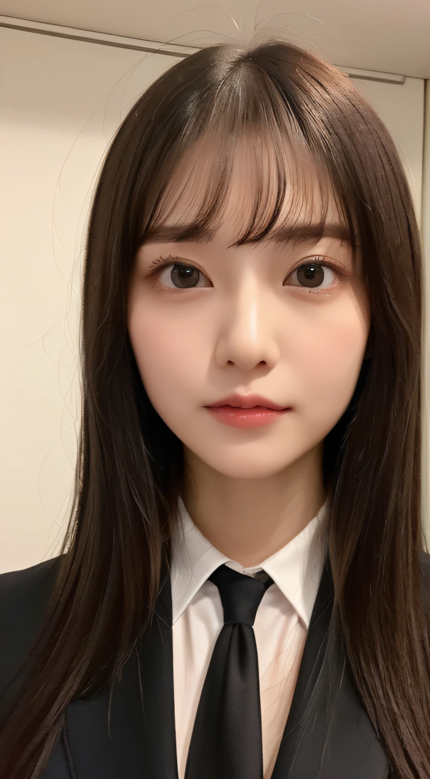 ((top-quality、8K、​masterpiece:1.5))、One girl、(Unhealthy face)、(Letter to)、Blunt bangs、(Lots of bangs:1.4)、(full body Esbian:1.4)、(Symmetrical face)、hyperdetailed face、Ultra detailed mouth、A detailed eye、Detailed ears、Slim Faces、(selfee:1.4)、(Looking Up)、(From  above)、(Straight long hair、Ahoge:1.3)、(Upper Eyes)、the background is blurred、(Black business suit、black necktie:1.3)、lipgloss、(simple background:1,5)、(natural soft light:1.3)、