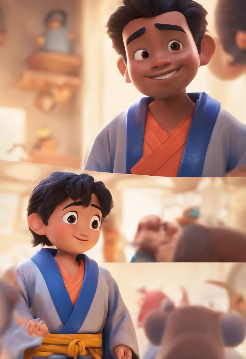 Estilo Pixar: um menino de olhos pretos e cabelo preto cacheado usando um kimono de judo faixa azul, 3D Poster,Disney