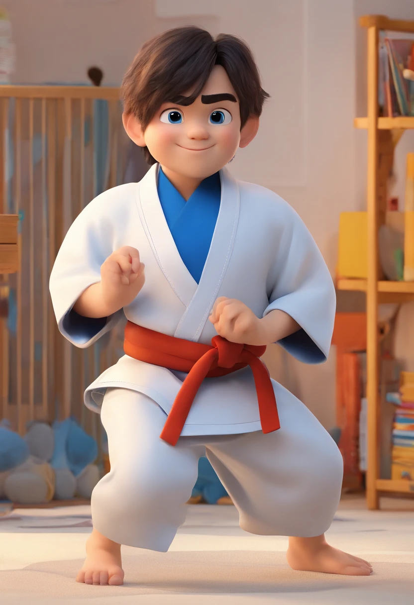 Estilo Pixar: um menino de olhos pretos e cabelo preto cacheado usando um kimono de judo faixa azul, 3D Poster,Disney