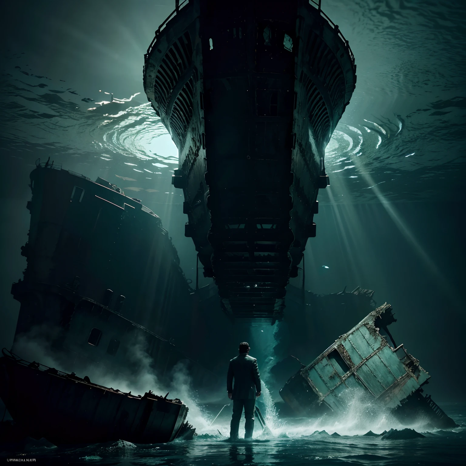 Titanic wreckage at the bottom of the sea, Aquaman, standing in front of the wreckage, full HD image, half light, cinematic, vivid and sharp colors, with blue, light green and gray color palette.