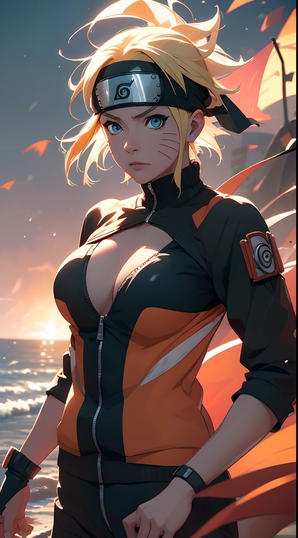 Naruto Uchiha Vortex is super realistic,detail-rich,Super short blonde hair, ninja suit, swimsuit:1.34,Forehead,one-girl,Large breasts,cleavage,Be red in the face,best qualityer,tmasterpiece, Johnny Depp walks across the beach at night among fireflies,sharp fokus, contrasty lighting, Delicate skin, High resolution 8K, insanely details, realisticlying, professional photoshooting, 8K UHD, SLR camera, softlighting, high high quality, filmgrain, Fujifilm XT3,Keep one's mouth shut,particle fx