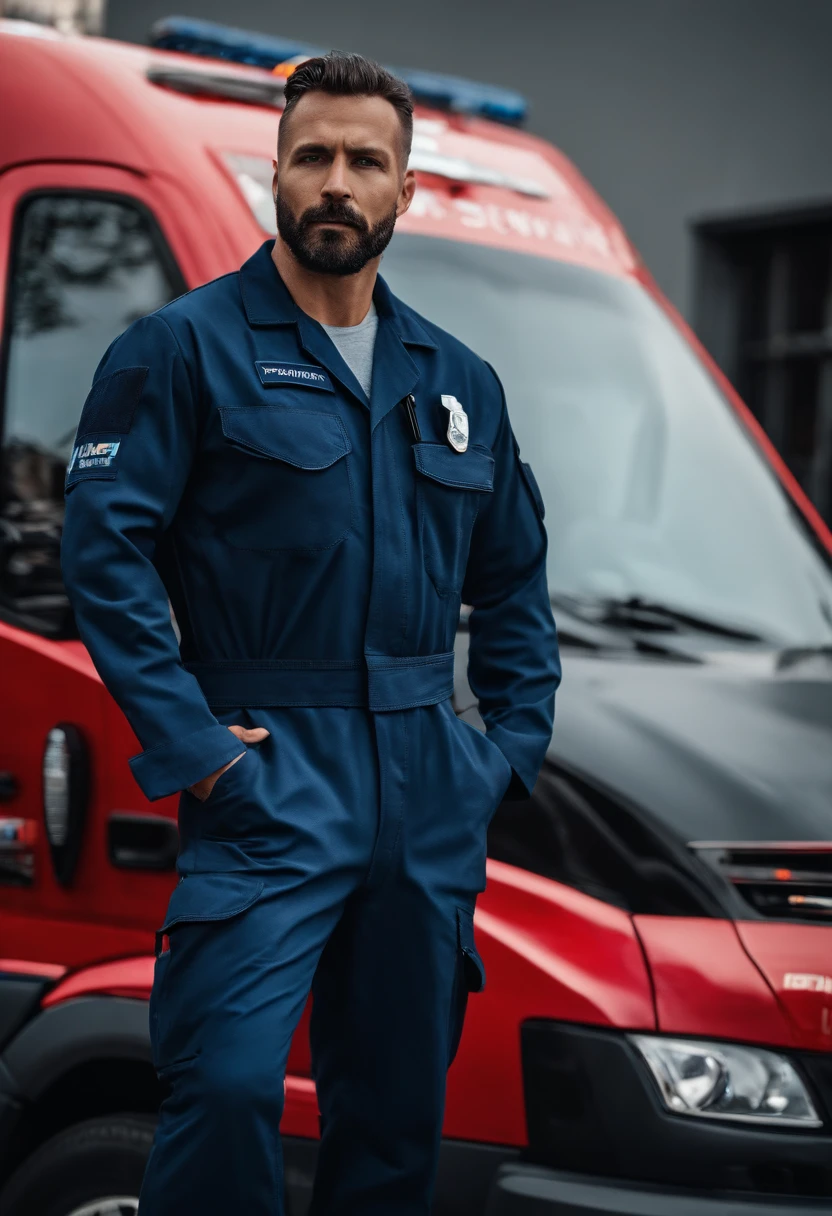 Socorrista, homem, 39 anos, SAMU's dark blue jumpsuit, barba curta, pouco acima do peso. It's in an urban environment with white and red ambulances in the background. EMT, Paramedic, EMS.
