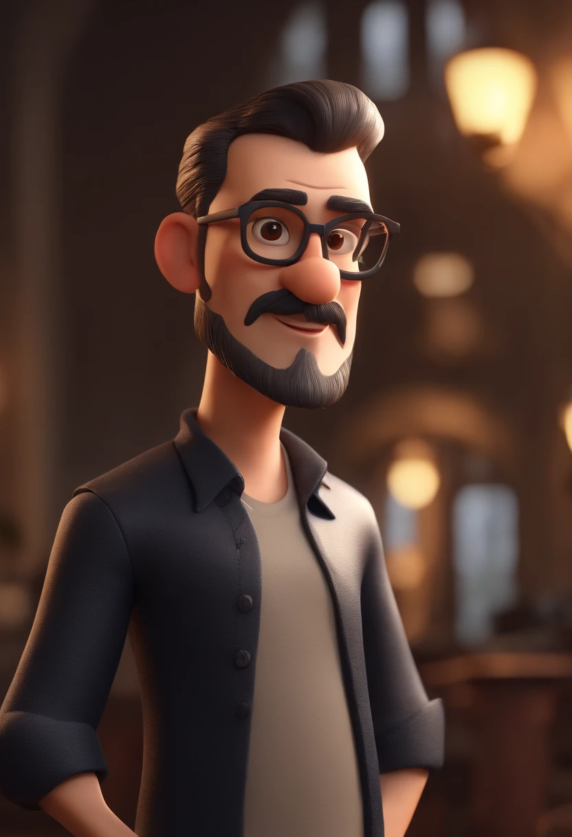 Cartoon character of a man with black glasses and a black polo shirt, cabelo liso, With beard and old school tattoo on his arm, animation character, Caractere estilizado, animation style rendering, 3D estilizado, Arnold Maya render, 3 d render stylized, toon render keyshot, Personagem 3D, Personagem 3D, 3d rendering stylized, 3 d character render, personagem de desenho animado, Personagem de close up, Pose de personagem,  (Estilo Pixar) (master part:1.2) (Bokeh) (best quality) (pele detalhada) (textura detalhada) (8k) (argila) (Cinematic lighting) (foco nítido
