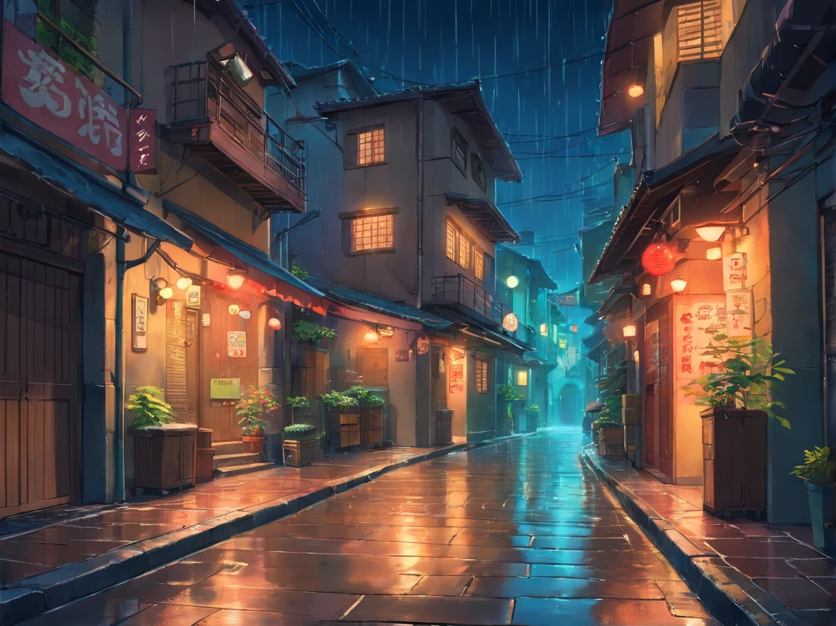 calle estrecha, street alley, ciudad, noche, lluvia, cyberpunk, A high resolution, ultrasharp, 8k, obra maestra