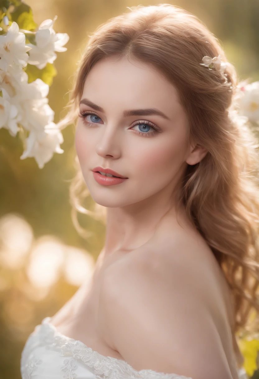 best quality,4k,8k,highres,masterpiece:1.2,ultra-detailed,(realistic,photorealistic,photo-realistic:1.37),(HDR,UHD,studio lighting),(extreme detail description,professional),vivid colors,bokeh,portrait,illustration,oil painting,blonde hair,blue eyes,detailed face and body,curly hair,beautiful detailed eyes,luscious lips,voluptuous figure,sensual facial expression,white dress,dynamic pose,outdoor scene with flowers,bright sunlight