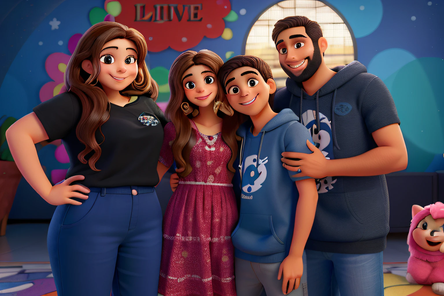 A typical Brazilian family portrayed in Disney Pixar style with detailed strokes and vibrant colors. The father is a dark man .,com olhos castanhos brilhantes, barba bem cuidada . He's smiling warmly, Showing a cheerful expression. o filho mais novo, com treze anos de idade, He's dressed in a white hoodie. He is brunette with light brown eyes, com cabelos castanhos arrepiado, that add a touch of sweetness to your appearance. Seu rosto irradia felicidade enquanto ele sorri com entusiasmo. a filha mais velha, com quinze anos anos, She is a white girl with dark brown eyes and long curly black hair. Her smile is contagious and expresses joy and fun and sweetness. The mother is a white woman with light brown eyes, com cabelos loiro e cacheado, que caem graciosamente por seus ombros. Her smile is kind and caring, radiating the happiness of being together with your family. This depiction depicts a happy family, cheia de alegria e amor, uncharacteristic Disney Pixar style, com uma qualidade excepcional. No fundo umas arvores.
