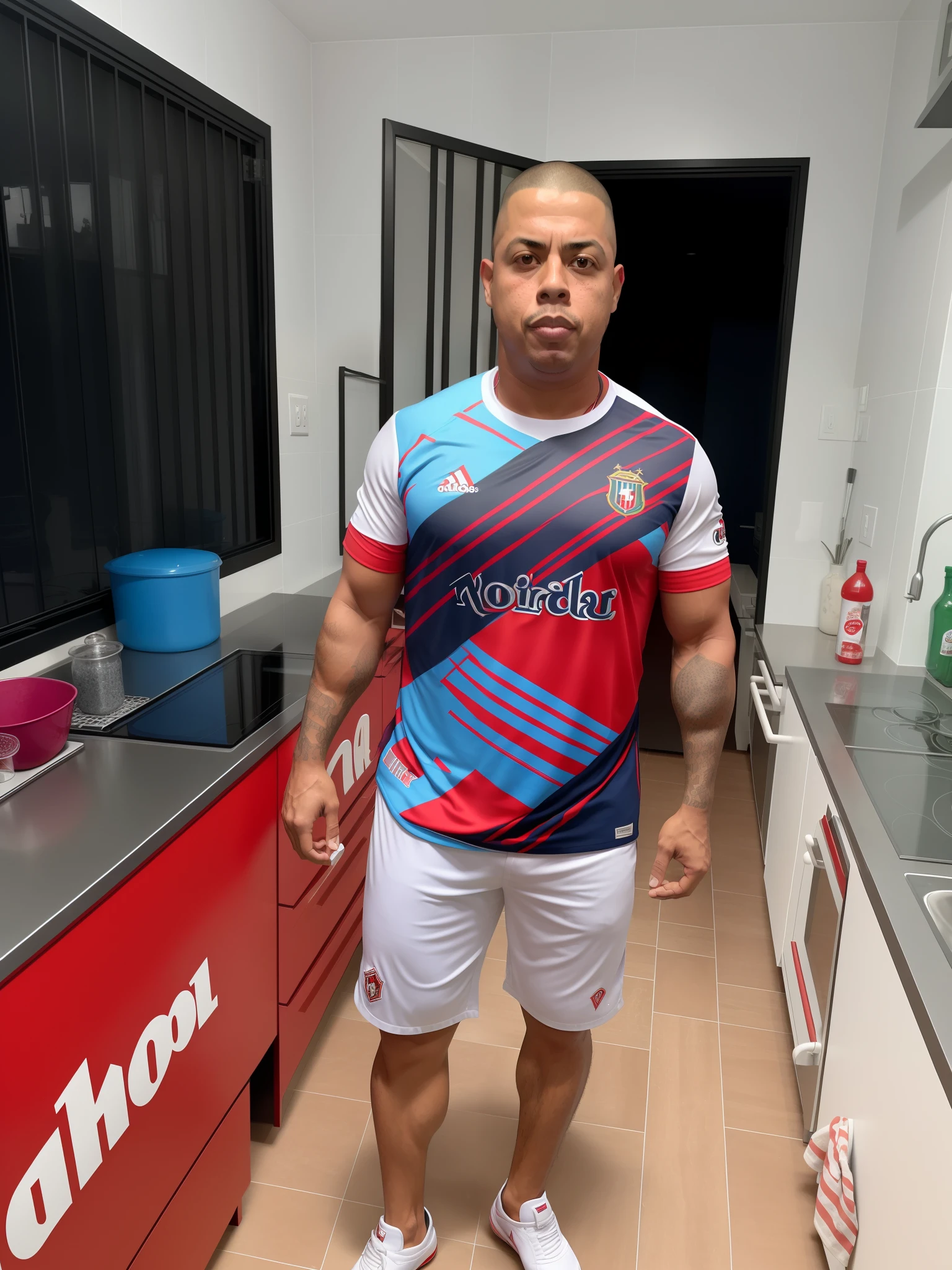 Hay un hombre parado en una cocina con un mostrador rojo, Ronaldo Nazario phenomenon, Ronaldo Nazario, Gran carnicero posando aterradoramente, he is about 4 0 years old, he is about 40 years old, Ronaldo Luis Nazario da Lima, he's about 5 0 years old, he's about 50 years old