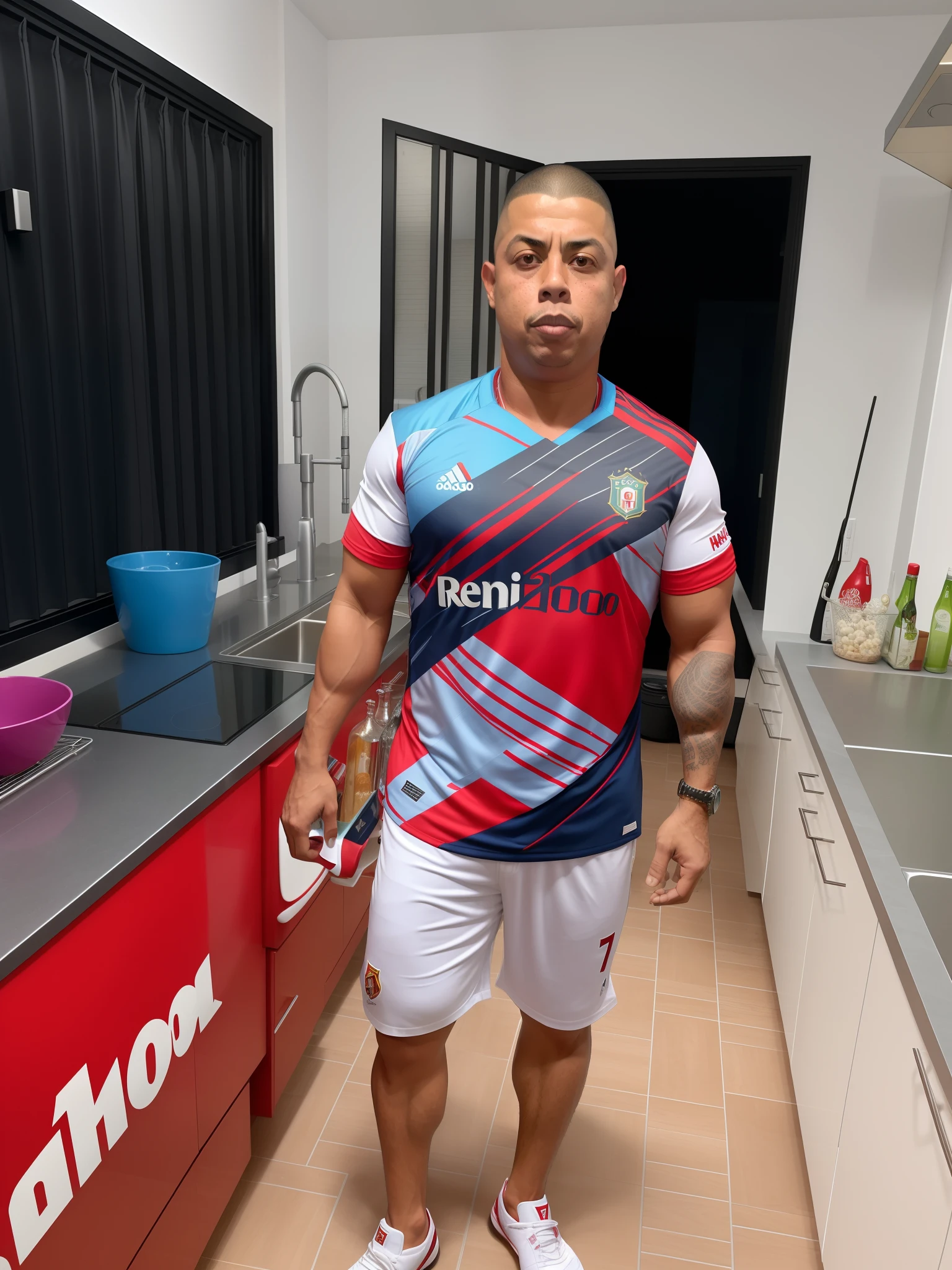 Hay un hombre parado en una cocina con un mostrador rojo, Ronaldo Nazario phenomenon, Ronaldo Nazario, Gran carnicero posando aterradoramente, he is about 4 0 years old, he is about 40 years old, Ronaldo Luis Nazario da Lima, he's about 5 0 years old, he's about 50 years old